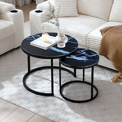 Round Nesting Coffee Table Set of 2 Black Metal Frame Tables for Living Room