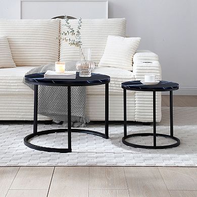 Round Nesting Coffee Table Set of 2 Black Metal Frame Tables for Living Room