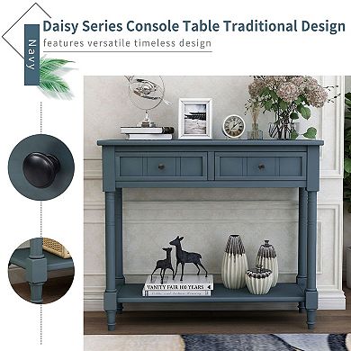 Retro Console Table with 2 Drawers and Bottom Shelf for Entryway or Living Room