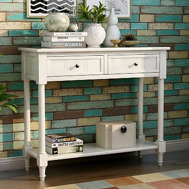 Retro Console Table with 2 Drawers and Bottom Shelf for Entryway or Living Room