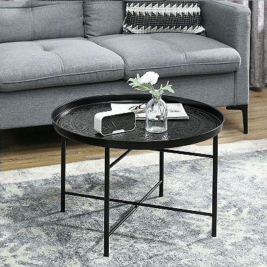 Modern Metal Accent Table with Hammered Floral Design for Bedroom or Lounge