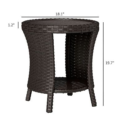 Outdoor Side Table with Storage Shelf, PE Wicker Patio End Table for Deck Balcony