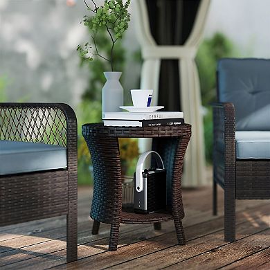 Outdoor Side Table with Storage Shelf, PE Wicker Patio End Table for Deck Balcony