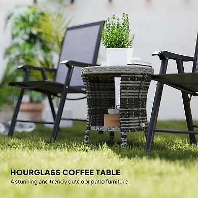 Outdoor Side Table with Storage Shelf, PE Wicker Patio End Table for Deck Balcony