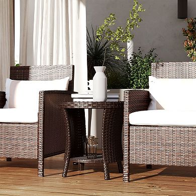 Outdoor Side Table with Storage Shelf, PE Wicker Patio End Table for Deck Balcony