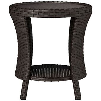 Outdoor Side Table with Storage Shelf, PE Wicker Patio End Table for Deck Balcony