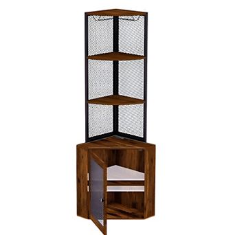 6 tier Corner Cabinet with Iron Mesh Door, Charging Station, and Open Storage