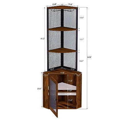6-Tier Corner Cabinet with Iron Mesh Door, Charging Station, and Open Storage