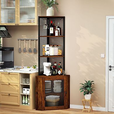 6-Tier Corner Cabinet with Iron Mesh Door, Charging Station, and Open Storage