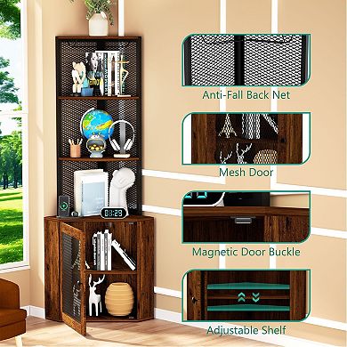 6-Tier Corner Cabinet with Iron Mesh Door, Charging Station, and Open Storage