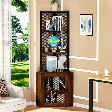 6-Tier Corner Cabinet with Iron Mesh Door, Charging Station, and Open Storage