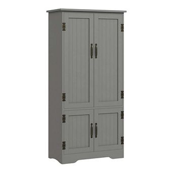 Tall Grey Storage Cabinet with Adjustable Shelves, Slim Freestanding 4-Door Organizer
