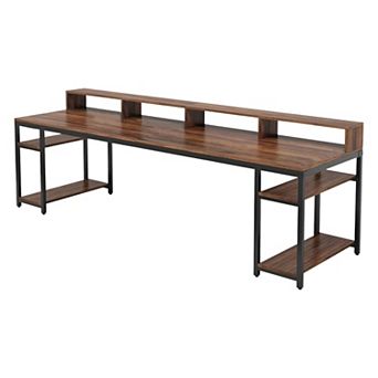 2-Person Workstation Desk with Open Storage, Ergonomic Monitor Stands, and Industrial Design