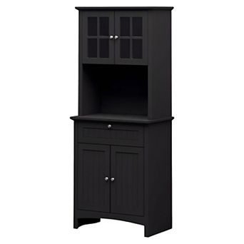 Multi-Use Storage Cabinet with Drawer, Countertop, and Glass Door Cabinets, Black