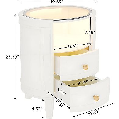 Glass Bedside Table with LED Lighting, 2 Drawers, Nightstand for Bedroom - White