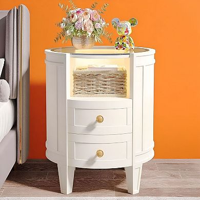 Glass Bedside Table with LED Lighting, 2 Drawers, Nightstand for Bedroom - White