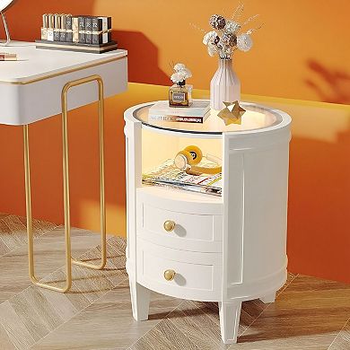 Glass Bedside Table with LED Lighting, 2 Drawers, Nightstand for Bedroom - White