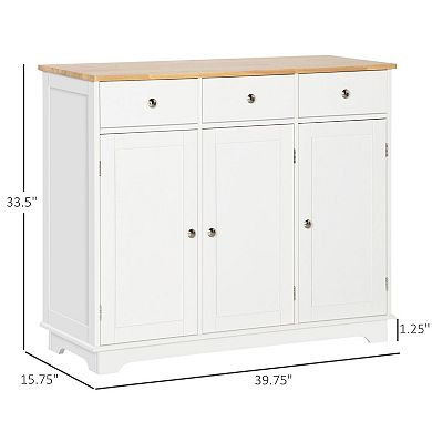 Buffet Cabinet with 3 Drawers & 3 Doors, Adjustable Shelves, Rubberwood Top