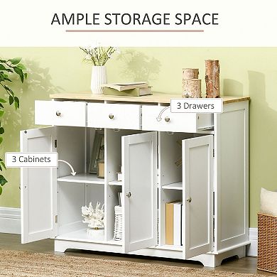 Buffet Cabinet with 3 Drawers & 3 Doors, Adjustable Shelves, Rubberwood Top
