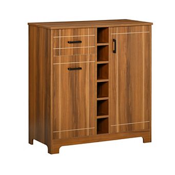 Freestanding Wine Storage Cabinet with Drawer, Doors & Hanging Glass Rack