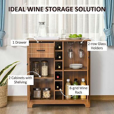 Freestanding Wine Storage Cabinet with Drawer, Doors & Hanging Glass Rack
