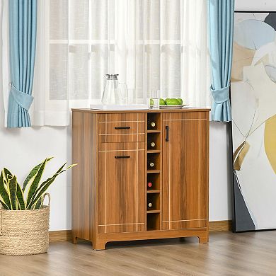 Freestanding Wine Storage Cabinet with Drawer, Doors & Hanging Glass Rack