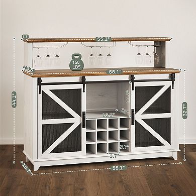 Industrial Farmhouse Wine Cabinet with Sliding Doors, Grid Rack & Glass Storage