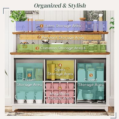 Industrial Farmhouse Wine Cabinet with Sliding Doors, Grid Rack & Glass Storage