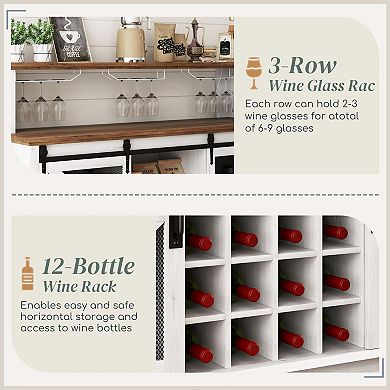 Industrial Farmhouse Wine Cabinet with Sliding Doors, Grid Rack & Glass Storage