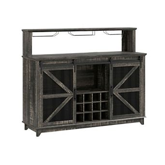 Industrial Farmhouse Wine Cabinet with Sliding Doors, Grid Rack & Glass Storage