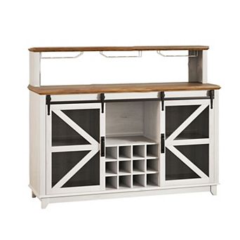 Industrial Farmhouse Wine Cabinet with Sliding Doors, Grid Rack & Glass Storage