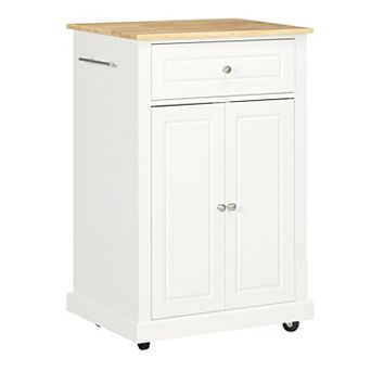 Compact Rolling Kitchen Island with Wooden Top, Double Door Cabinet & Locking Wheels