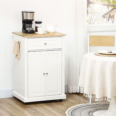 Compact Rolling Kitchen Island with Wooden Top, Double Door Cabinet & Locking Wheels