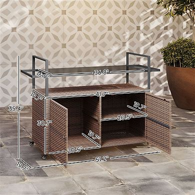 Outdoor Serving Cart with Glass Top, Rattan Frame, Cabinet and Locking Wheels