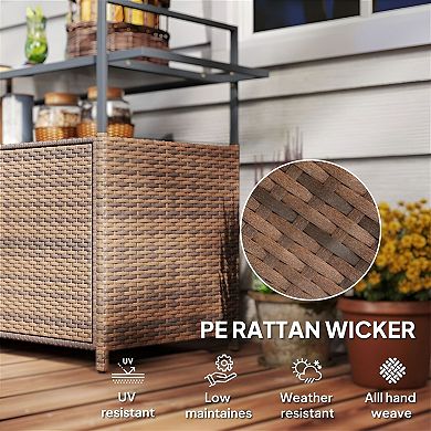 Outdoor Serving Cart with Glass Top, Rattan Frame, Cabinet and Locking Wheels