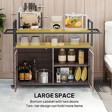 Outdoor Serving Cart with Glass Top, Rattan Frame, Cabinet and Locking Wheels