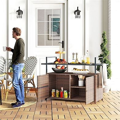 Outdoor Serving Cart with Glass Top, Rattan Frame, Cabinet and Locking Wheels