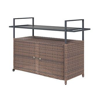 Outdoor Serving Cart with Glass Top, Rattan Frame, Cabinet and Locking Wheels