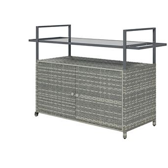 Outdoor Serving Cart with Glass Top, Rattan Frame, Cabinet and Locking Wheels