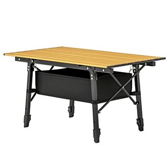 Folding Camping Table with Storage Basket and Adjustable Height, Portable Picnic Table