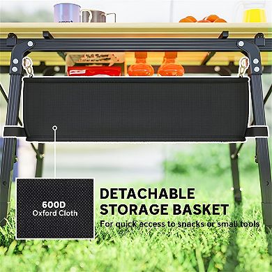 Folding Camping Table with Storage Basket and Adjustable Height, Portable Picnic Table