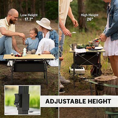 Folding Camping Table with Storage Basket and Adjustable Height, Portable Picnic Table