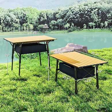 Height Adjustable Outdoor Folding Table with Storage Basket and Carry Bag for Camping or Picnic