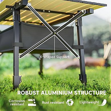 Height Adjustable Outdoor Folding Table with Storage Basket and Carry Bag for Camping or Picnic