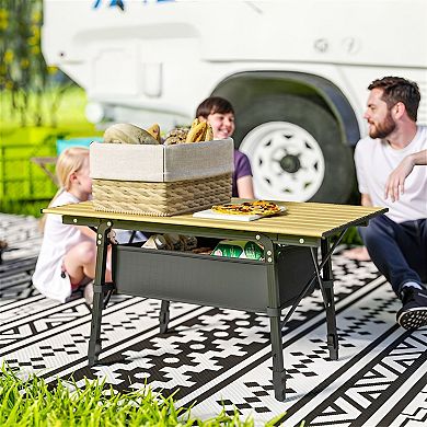 Height Adjustable Outdoor Folding Table with Storage Basket and Carry Bag for Camping or Picnic