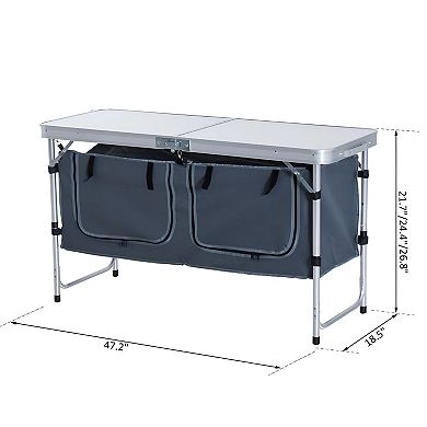 Adjustable Height Camping Table with Zippered Storage Cabinets for Outdoor Cooking or Picnics
