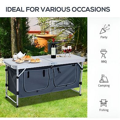 Adjustable Height Camping Table with Zippered Storage Cabinets for Outdoor Cooking or Picnics