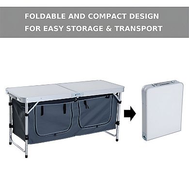 Adjustable Height Camping Table with Zippered Storage Cabinets for Outdoor Cooking or Picnics