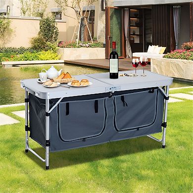 Adjustable Height Camping Table with Zippered Storage Cabinets for Outdoor Cooking or Picnics
