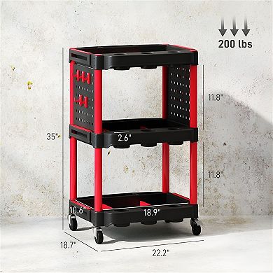 3 Tier Rolling Tool Cart with Wheels, Hooks and Side Storage Holes for Garage or Workshop